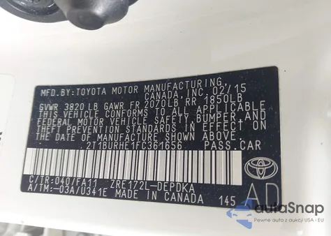 2015 Toyota Corolla L z USA, uszkodzony, nr VIN 2T1BURHE1FC361656